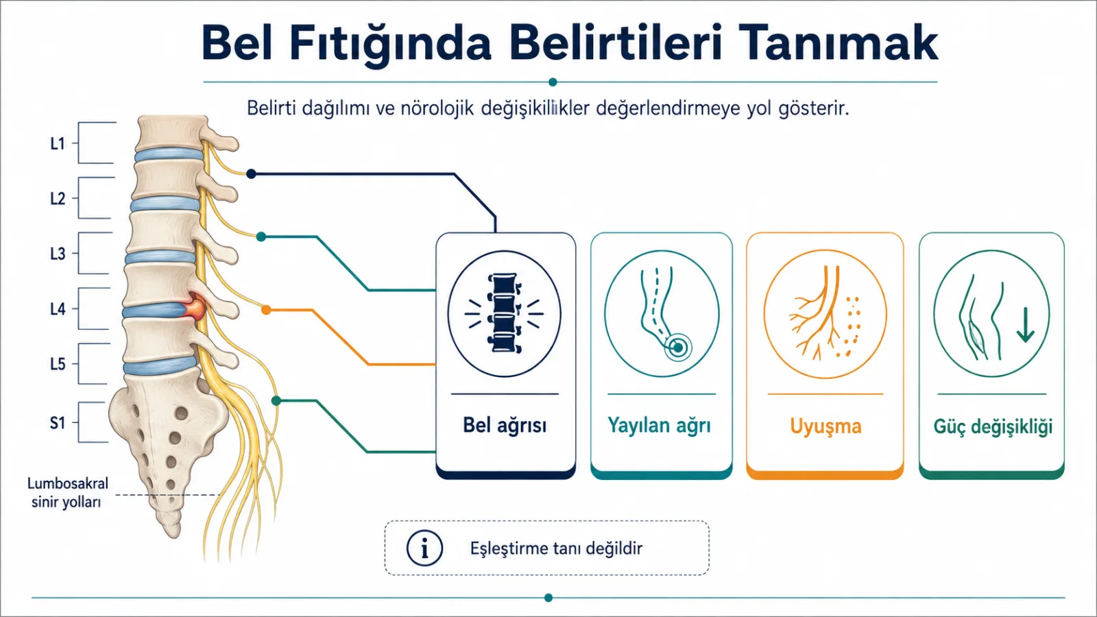 Bel fıtığında bel ağrısı, bacağa yayılan ağrı, uyuşma ve güç değişikliğini ayıran şematik eğitim illüstrasyonu; gerçek hasta görüntüsü değildir.