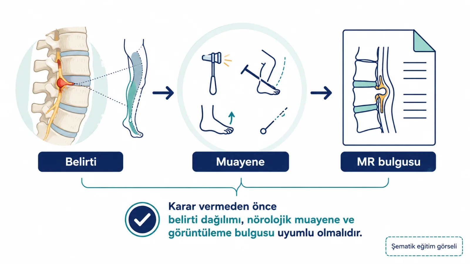 Bel fıtığı değerlendirmesinde belirti, muayene ve MR bulgusu arasındaki ilişkiyi anlatan şematik eğitim illüstrasyonu; gerçek MR değildir.