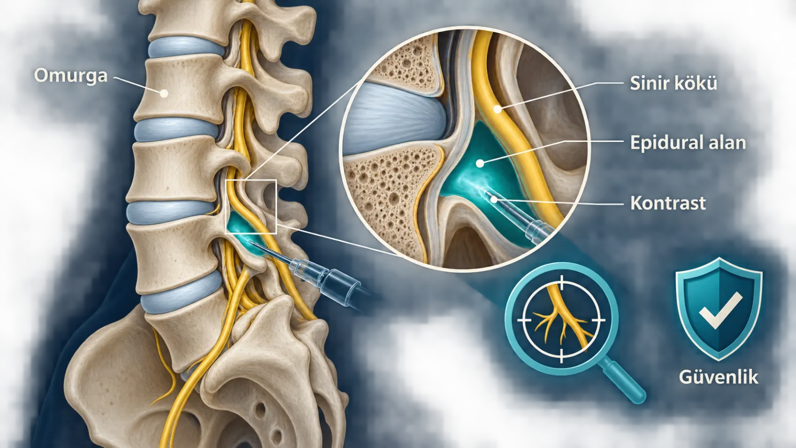 Epidural Enjeksiyon ve Ağrı (Aneljezik) Etkinliği için diagnosis_imaging rolünde sade hasta bilgilendirme şeması; gerçek görüntü değildir.