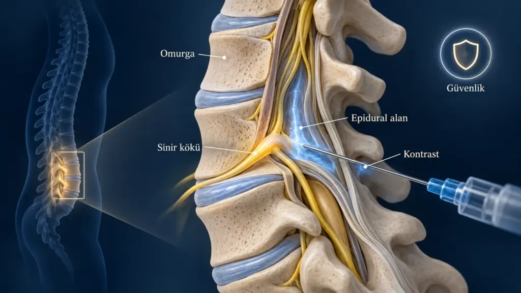Epidural Enjeksiyon ve Ağrı (Aneljezik) Etkinliği için hero rolünde sade hasta bilgilendirme şeması; gerçek görüntü değildir.