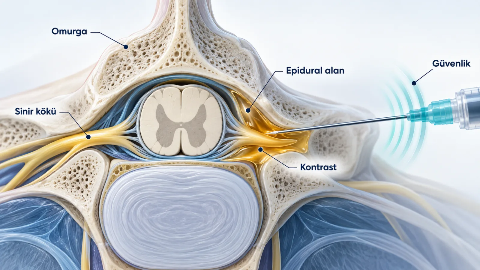 Epidural Enjeksiyon ve Ağrı (Aneljezik) Etkinliği için treatment_mechanism rolünde sade hasta bilgilendirme şeması; gerçek görüntü değildir.