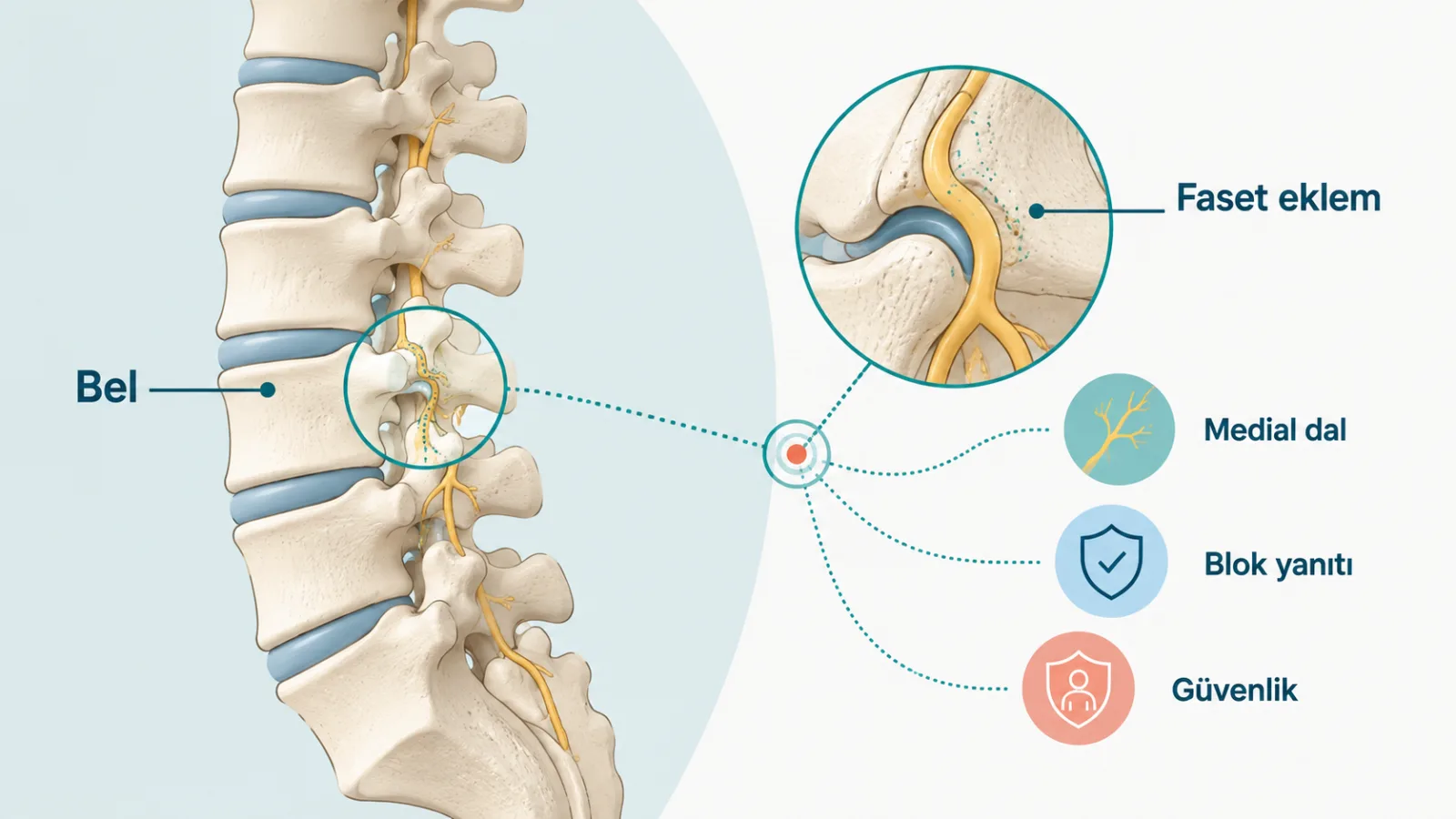 Faset Eklem Blokajı Tedavisi için treatment_mechanism rolünde sade hasta bilgilendirme şeması; gerçek görüntü değildir.