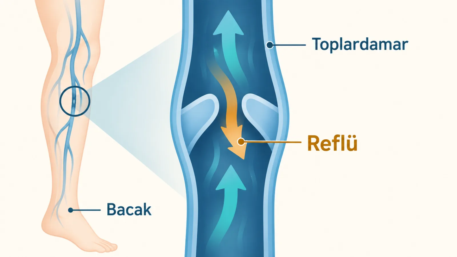 Endovenöz Lazer ve RF Ablasyon ile Varis Tedavisi için mechanism rolünde sade hasta bilgilendirme şeması; gerçek görüntü değildir.