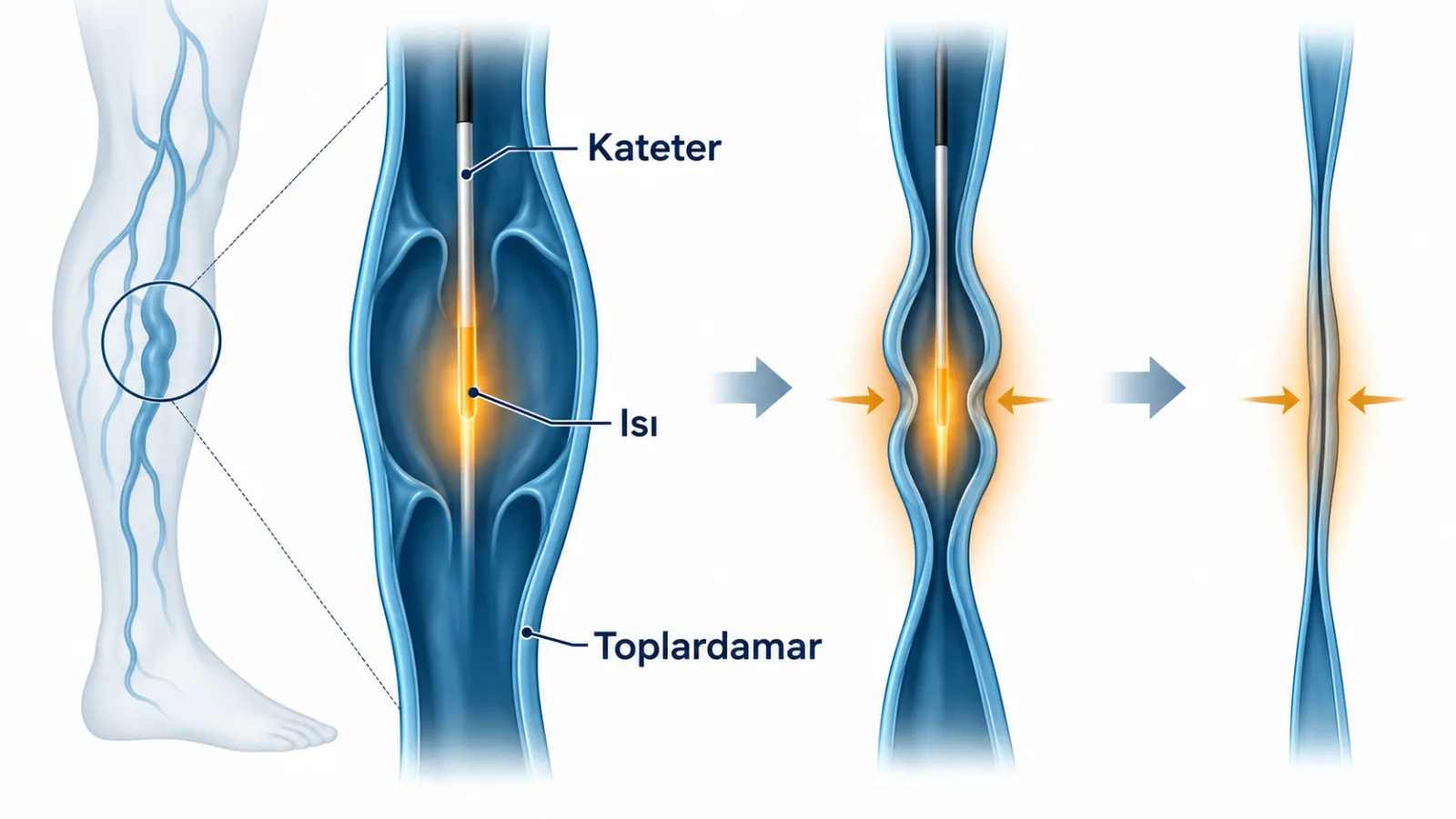 Endovenöz Lazer ve RF Ablasyon ile Varis Tedavisi için treatment_mechanism rolünde sade hasta bilgilendirme şeması; gerçek görüntü değildir.