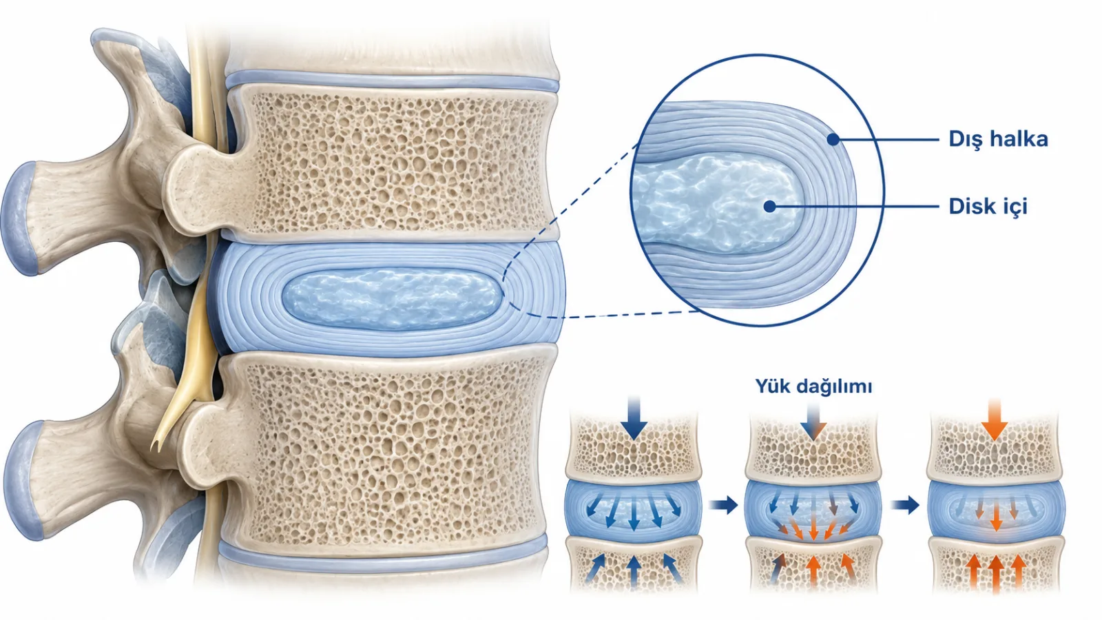 Bel diskinde su kaybı, dış halka değişikliği ve yük dağılımını gösteren şematik anatomik illüstrasyon; gerçek radyoloji görüntüsü değildir.