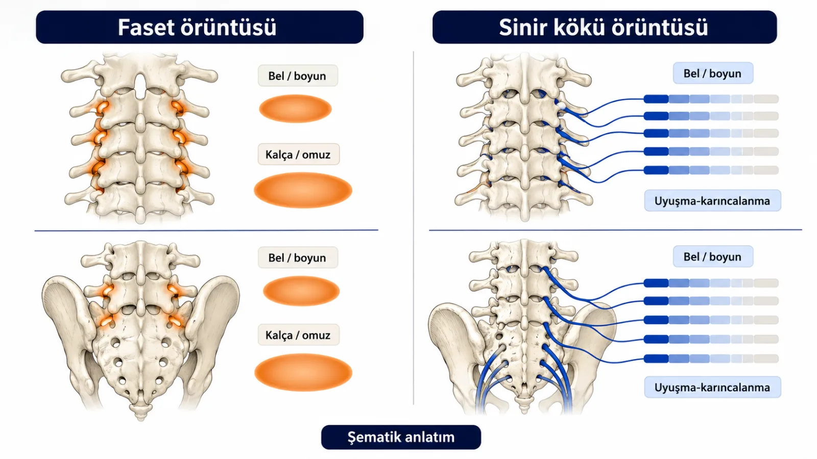 Faset örüntüsünde bel-boyun ve kalça-omuz çevresine sınırlı yayılım ile sinir kökü örüntüsündeki uyuşma-karıncalanmayı karşılaştıran şematik illüstrasyon.