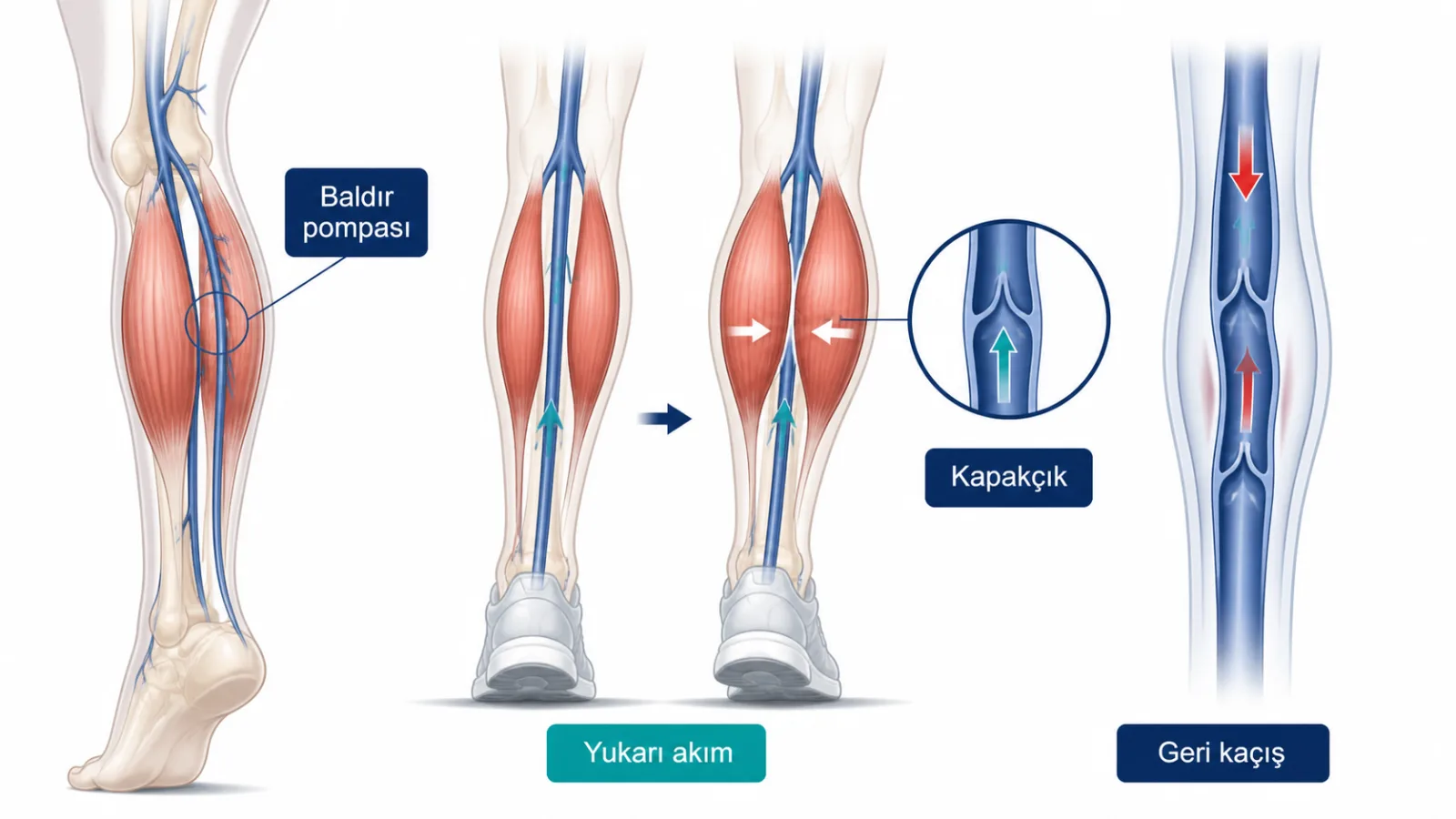 Yürüyüşte baldır kas pompasının kanı yukarı taşıması ve kapak yetersizliğinde geri kaçışın bacak sızlamasına katkısını gösteren şematik illüstrasyon.