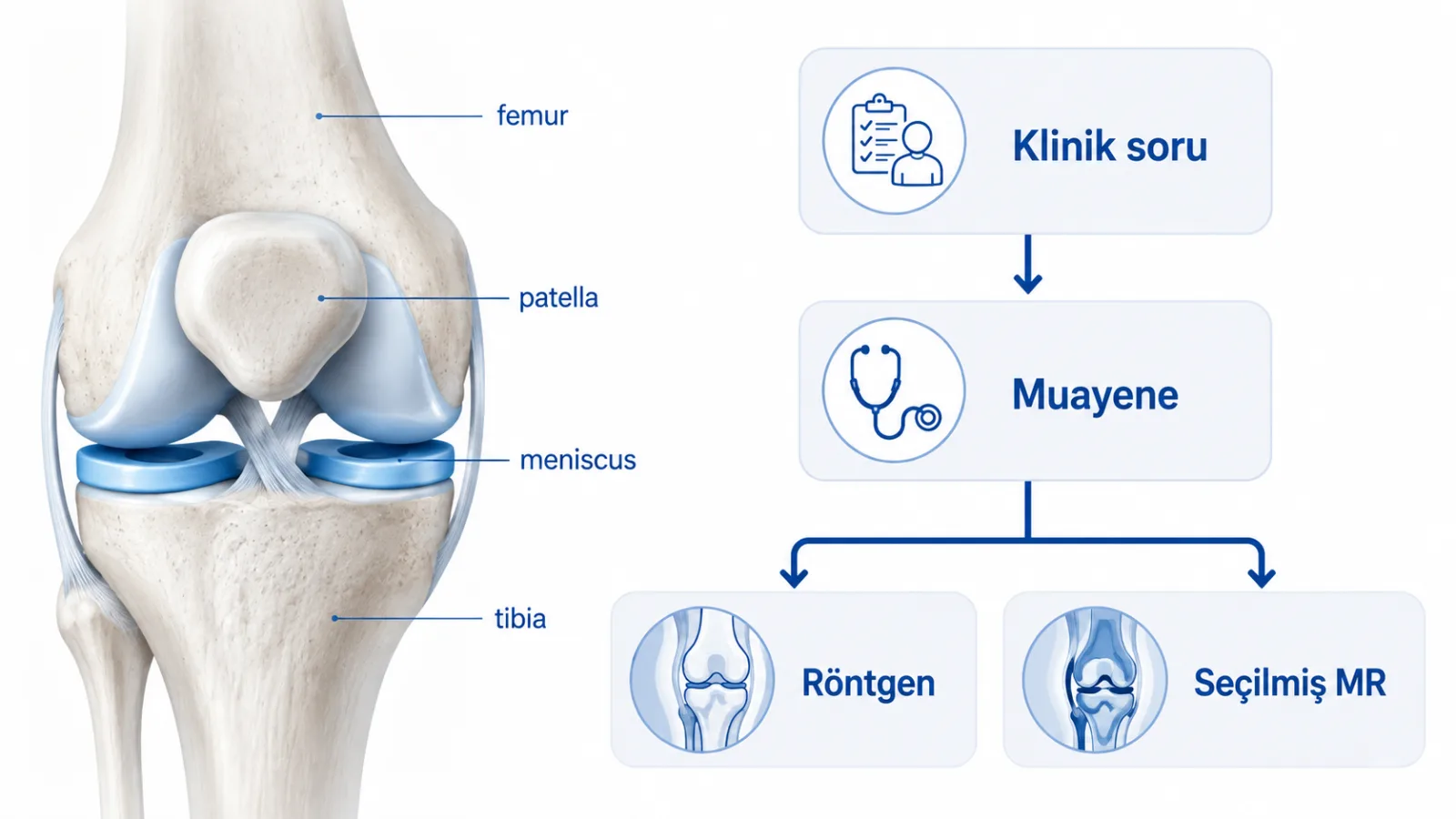 Diz ağrısında klinik soru, muayene, röntgen ve seçilmiş MR arasındaki karar yolunu gösteren şematik eğitim illüstrasyonu; gerçek MR değildir.