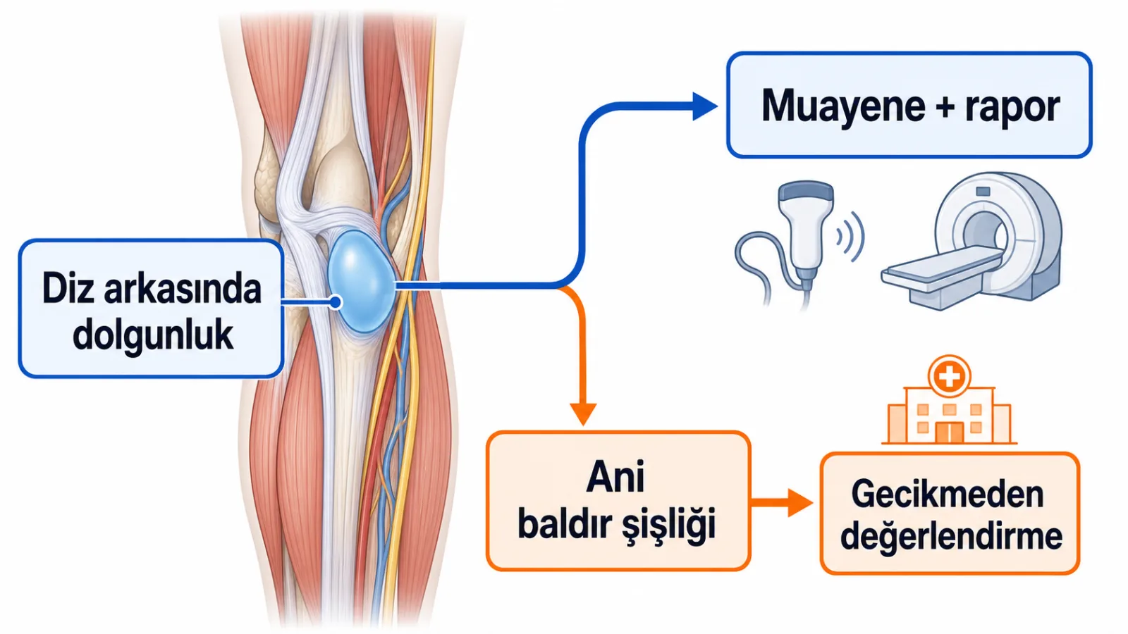 Diz arkasındaki olağan dolgunluk ile ani baldır şişliğinde muayene ve gecikmeden değerlendirme yollarını ayıran şematik karar akışı.