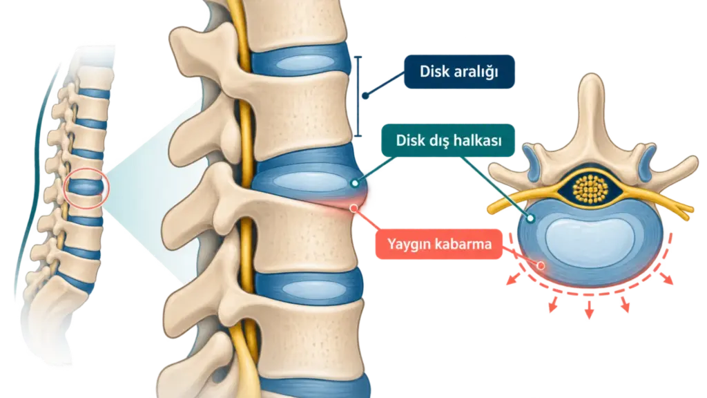Bel omurları arasındaki diskin çevresel kabarmasını gösteren şematik tıbbi illüstrasyon; gerçek MR veya hasta görüntüsü değildir.
