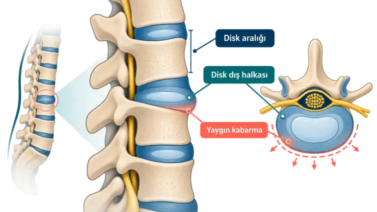 Bel omurları arasındaki diskin çevresel kabarmasını gösteren şematik tıbbi illüstrasyon; gerçek MR veya hasta görüntüsü değildir.