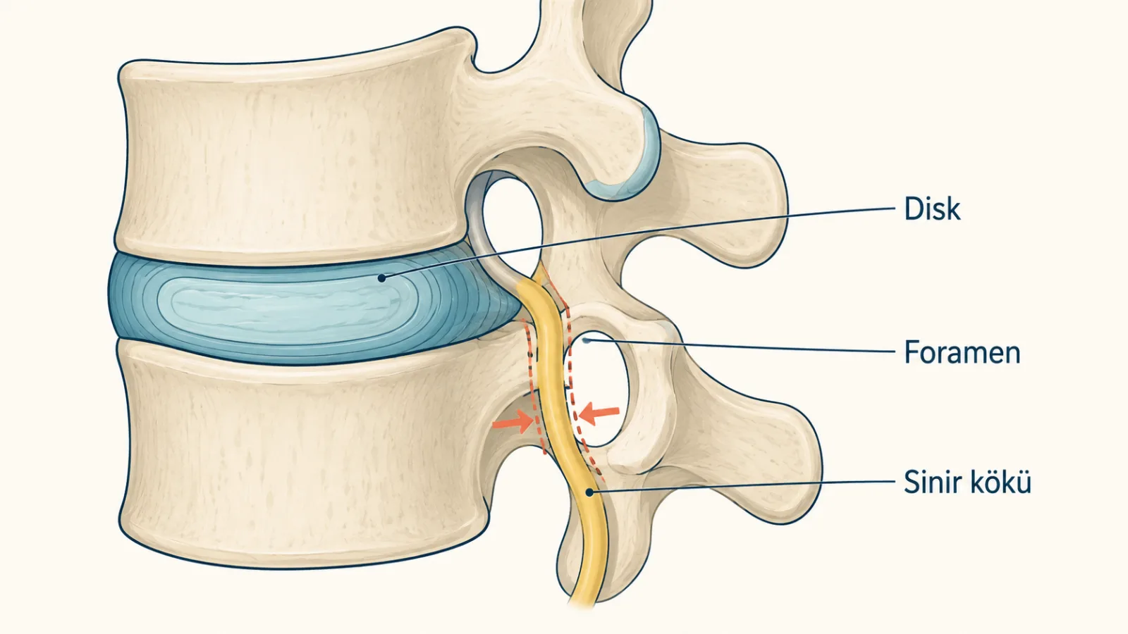 Daralmış foramen ile sinir kökünün olası mekânsal ilişkisini gösteren büyütülmüş şematik illüstrasyon; gerçek hasta veya radyoloji görüntüsü değildir.