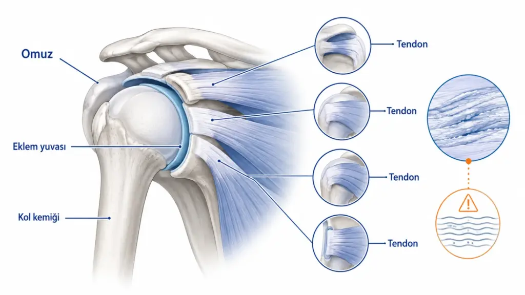 Omuz ekleminde rotator cuff tendonlarının kol kemiği başı ve eklem yuvası çevresindeki konumunu gösteren sade hasta bilgilendirme şeması; gerçek görüntü değildir.