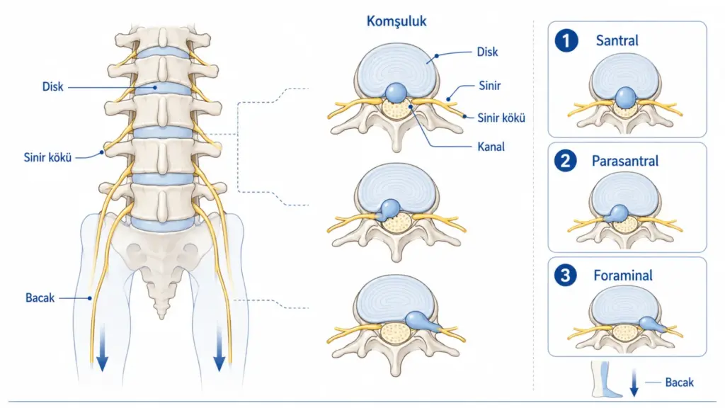Bel omurgasında diskin santral, parasantral ve foraminal yerleşimlerini gösteren sade hasta bilgilendirme şeması; gerçek MR görüntüsü değildir.