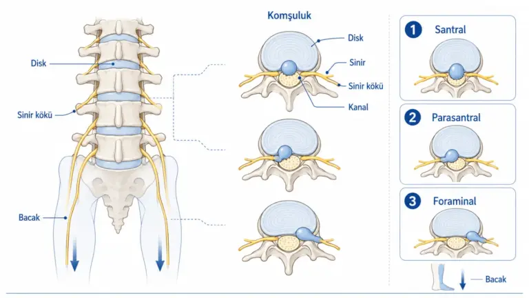 Bel omurgasında diskin santral, parasantral ve foraminal yerleşimlerini gösteren sade hasta bilgilendirme şeması; gerçek MR görüntüsü değildir.