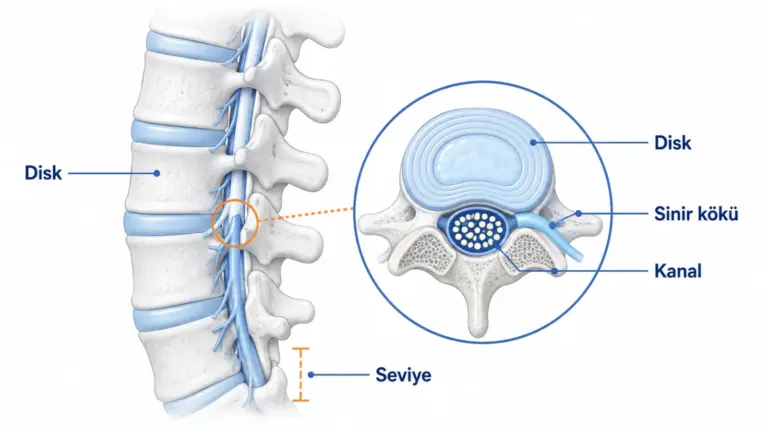 Bel omurgasında sinir kökünün kanal ve disk çevresindeki anatomik komşuluğunu gösteren sade hasta bilgilendirme şeması; gerçek MR değildir.