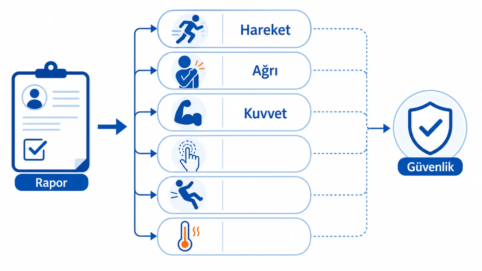 Subakromiyal bursit raporunu ağrının hareketle ilişkisi, güç, duyu, travma ve ateş ile birlikte değerlendiren klinik karar akışı; gerçek görüntü değildir.