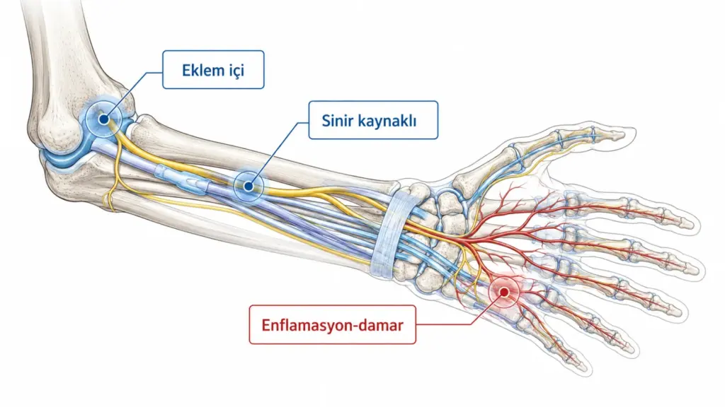 Dirsekten ele uzanan bölgede eklem, tendon, sinir ve damar ilişkilerini açıklayan şematik eğitim illüstrasyonu
