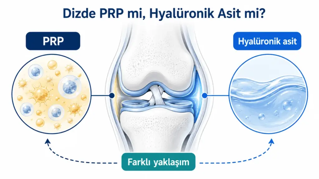 Diz eklemi şeması üzerinde PRP ile hyalüronik asidin farklı tedavi yaklaşımlarını gösteren eğitim illüstrasyonu; gerçek radyoloji görüntüsü değildir.